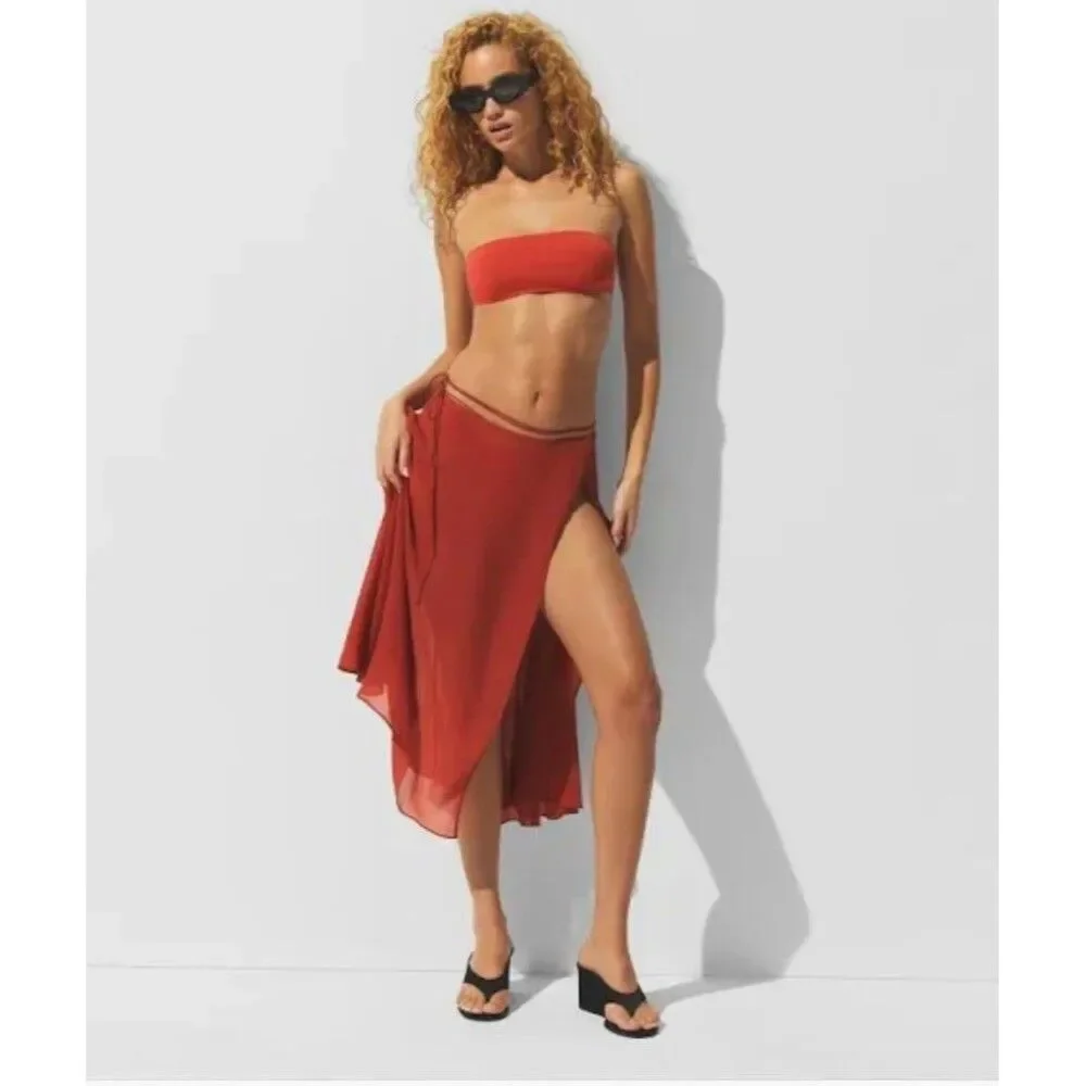 Swim Tie Side Sheer Midi Skirt Auburn
